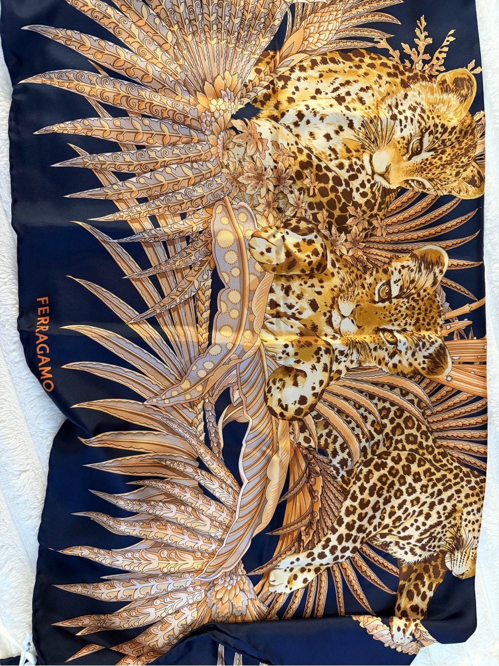 Salvatore Ferragamo Navy and Gold Printed Silk Scarf - Picture 4 of 9